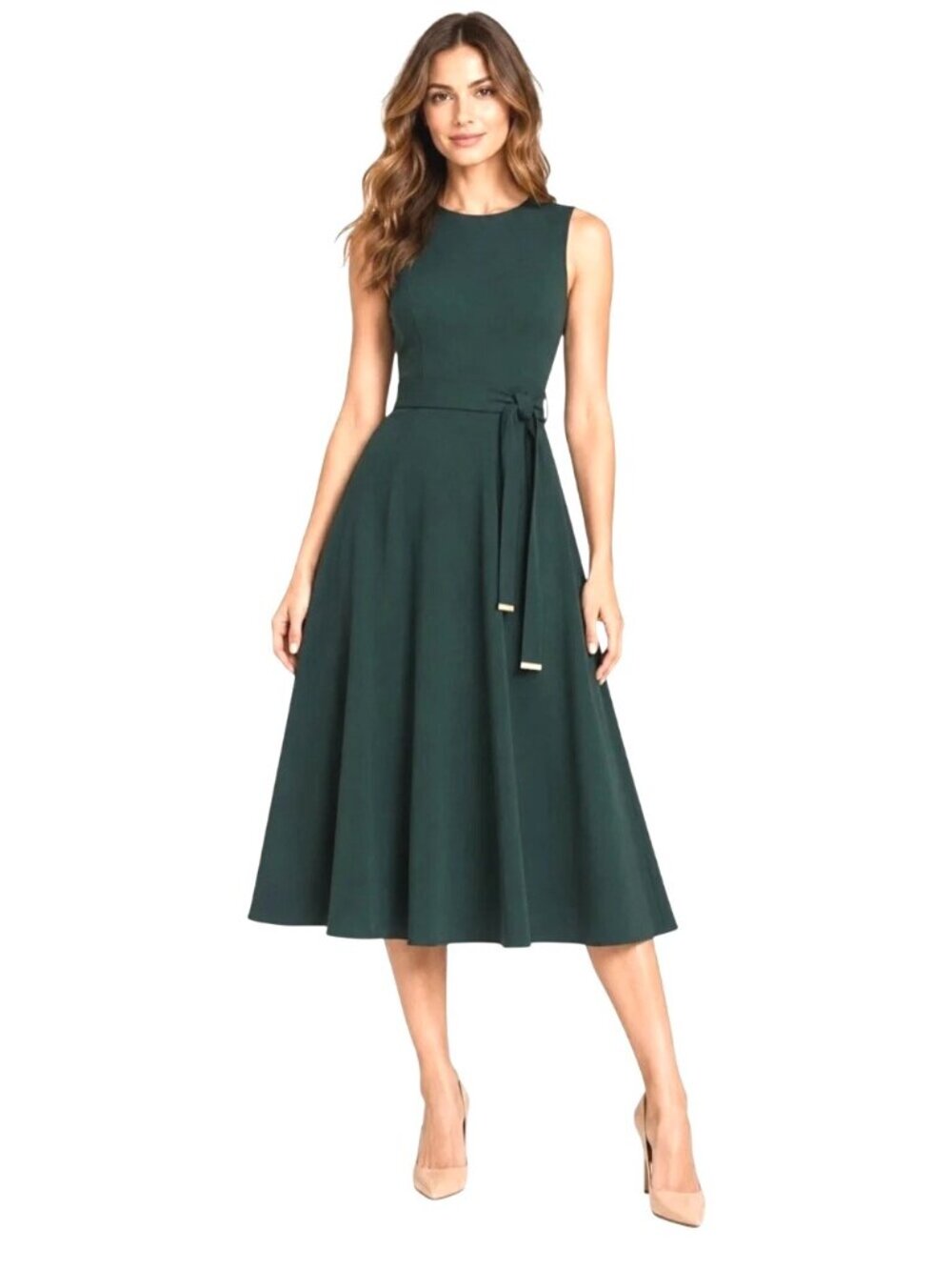 Calvin Klein Womens Green Sleeveless Fit & Flare MIdi Dress Waist Tie Sz 4 New